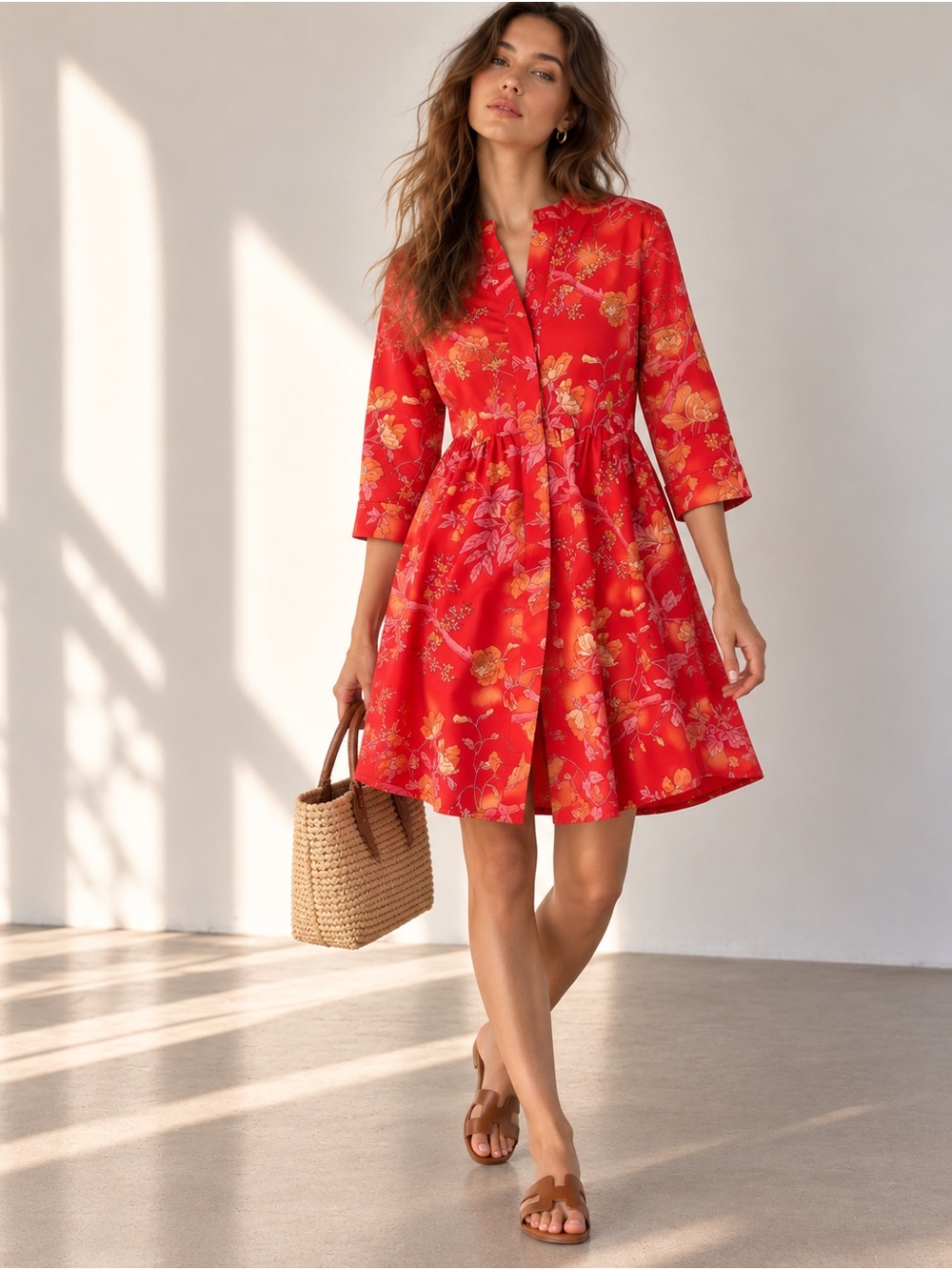 Tuckernuck Red Orange Floral Button Front 3/4 Sleeve Dress Size XL